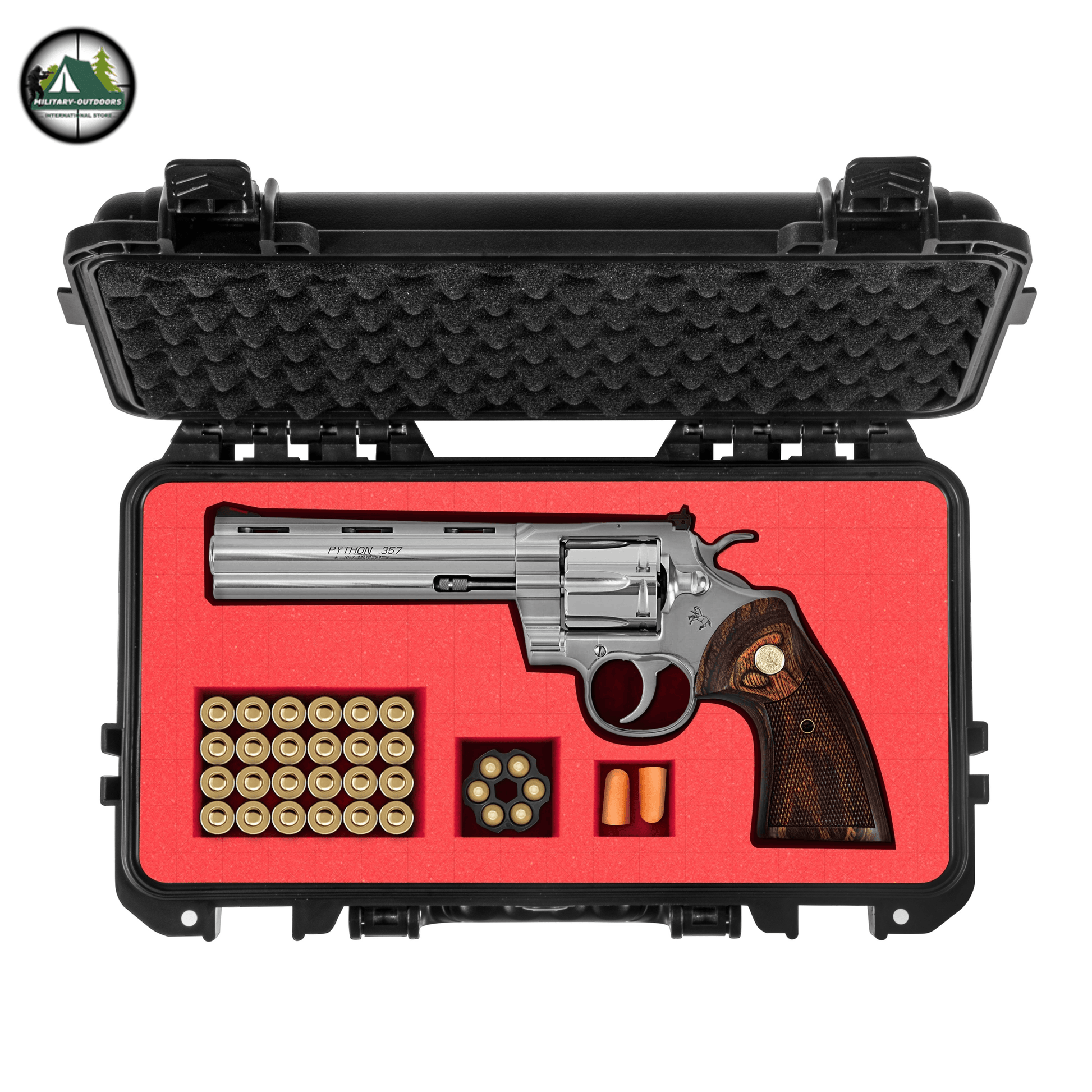 Revolver storage box with a revolver, ammunition, and ear protection for secure firearm storage