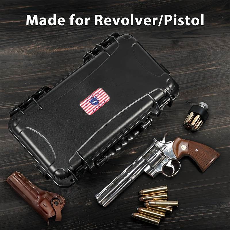 Durable revolver storage box in black with handles for secure firearm transport