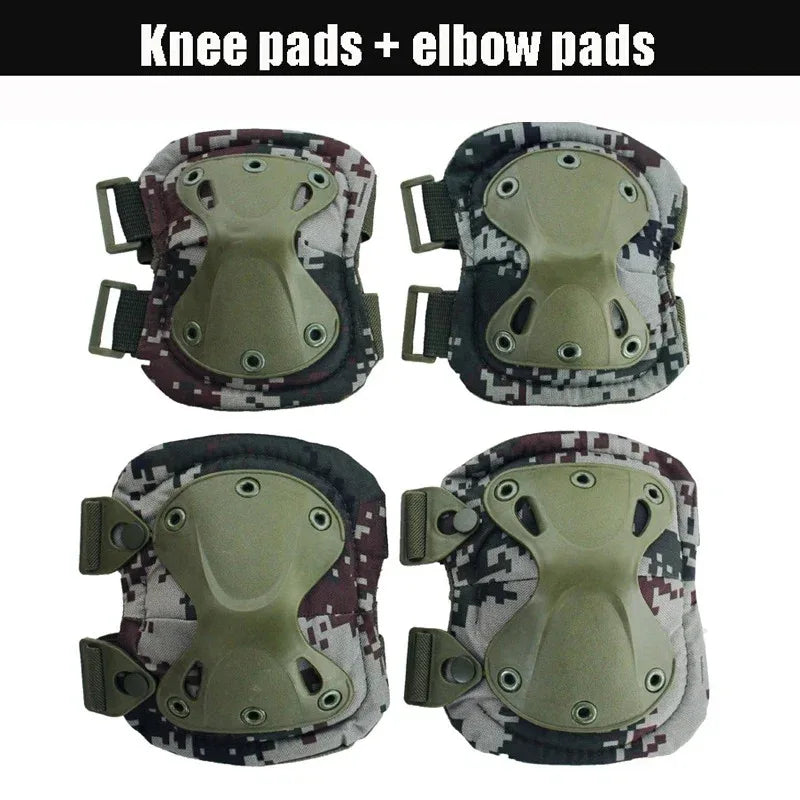 Knee and elbow pads in digital camo for protection during outdoor activities