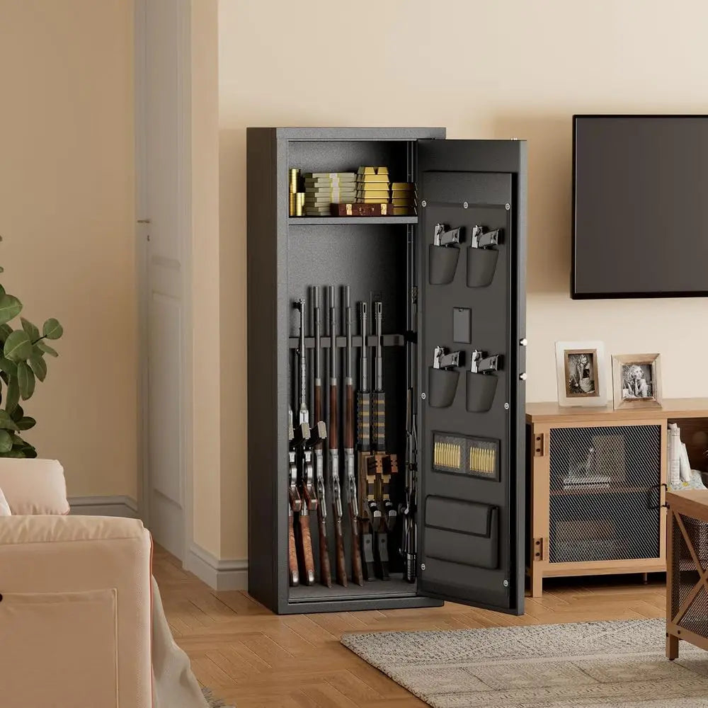 Military-Outdoors large gun safe with multiple compartments for secure firearm storage