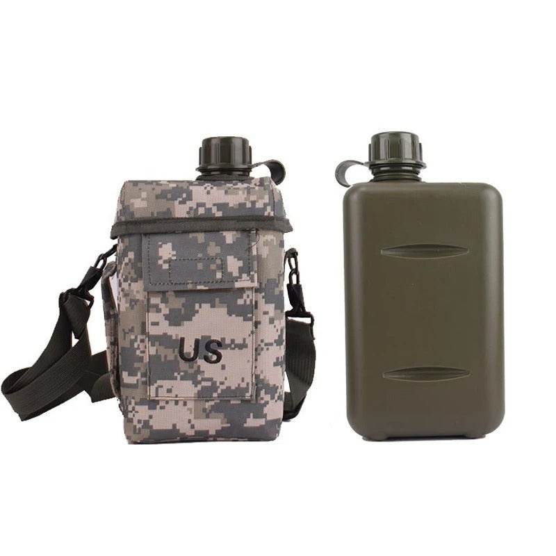 Large outdoor water bottle with camouflage carrier for rugged use