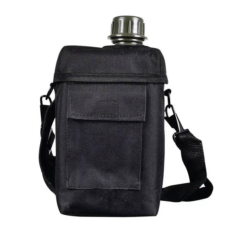 Black large outdoor water bottle with durable carrying pouch for camping