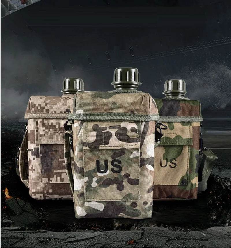 Large outdoor water bottle in military camouflage with durable design for hydration