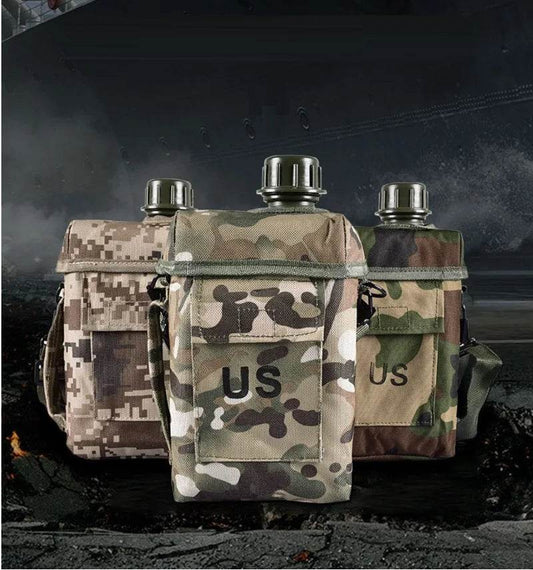 Large outdoor water bottle in military camouflage with durable design for hydration