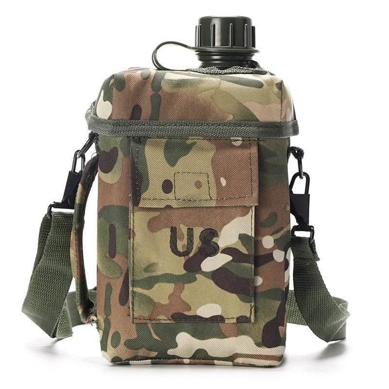 Camo military-style large outdoor water bottle with carrying strap