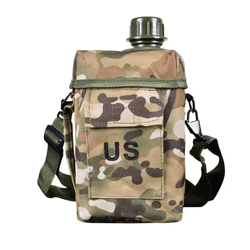 Large outdoor water bottle in camo design with carrying pouch for easy transport
