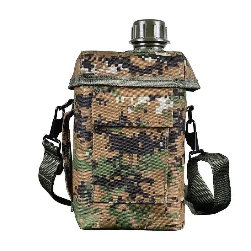 Large outdoor water bottle with camouflage design and strap for easy carrying