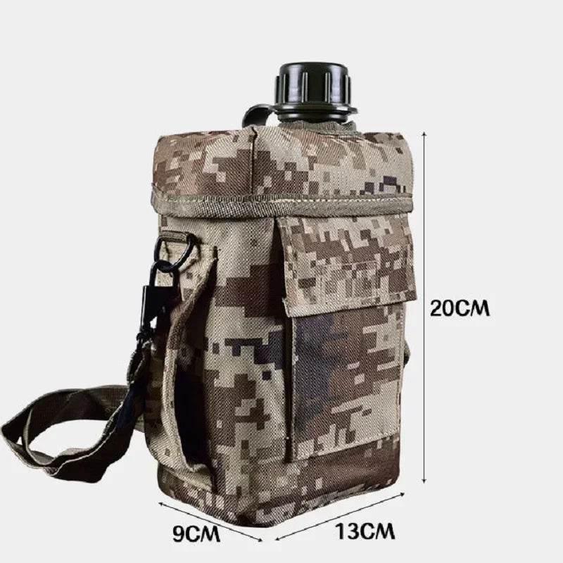 Camouflage large outdoor water bottle with durable carrying strap for camping