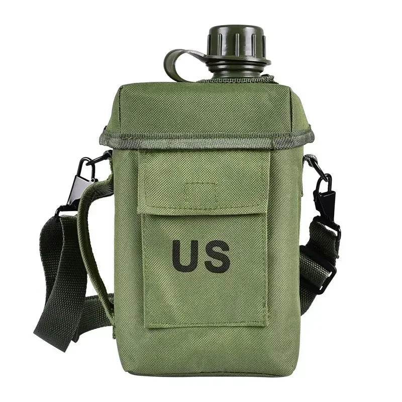 Military green large outdoor water bottle with detachable shoulder strap