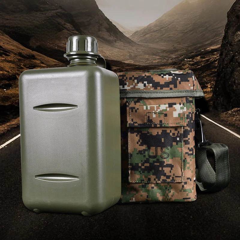 Large outdoor water bottle in olive green with camouflage carrying pouch