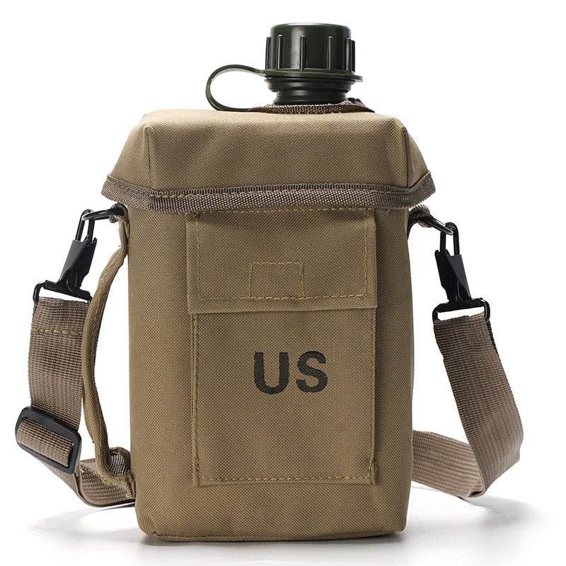Large outdoor water bottle with carrying case and adjustable strap in tan