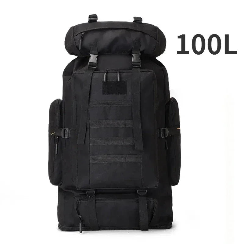 Large tactical backpack in black with 100L capacity for outdoor adventures