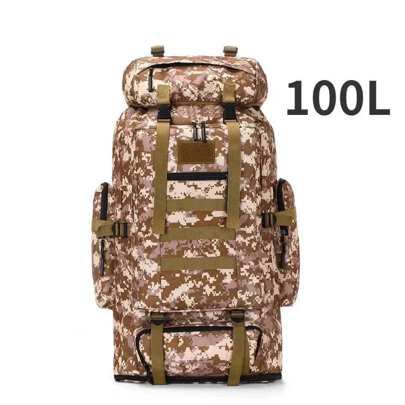 Large tactical backpack in camo with 100L capacity for outdoor adventures