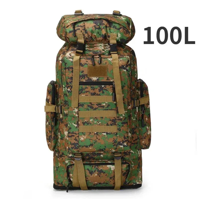 Large tactical backpack in camo, 100L capacity for outdoor adventures