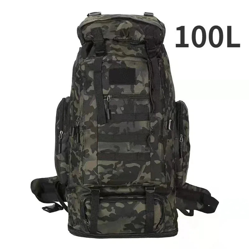 Large tactical backpack in camo design with 100L capacity for outdoor adventures