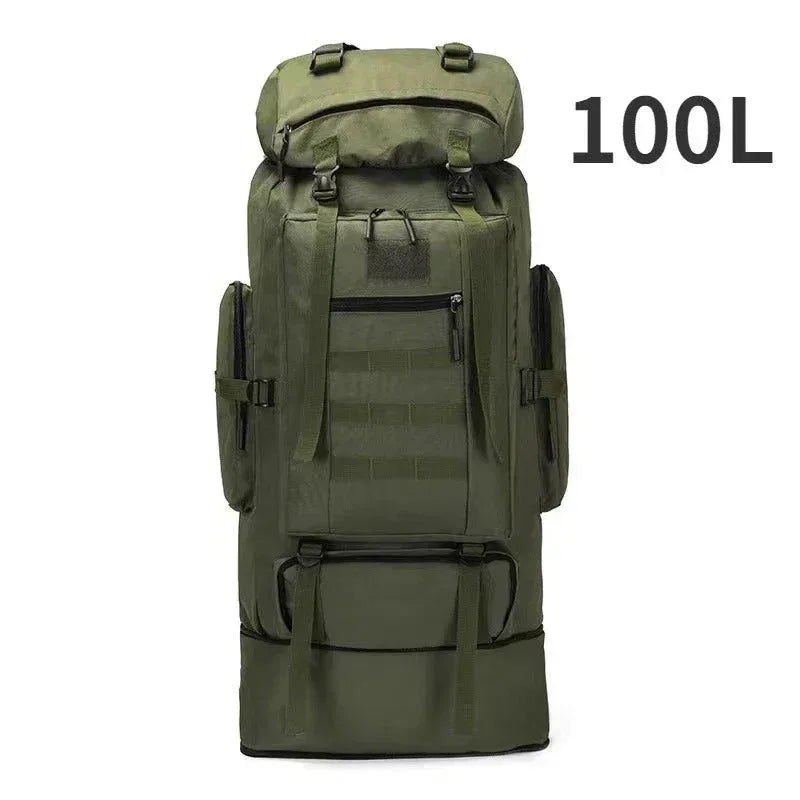Large tactical backpack in green, perfect for outdoor adventures and camping