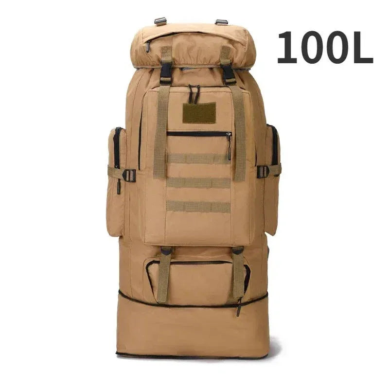Large tactical backpack in tan color with 100L capacity for outdoor adventures