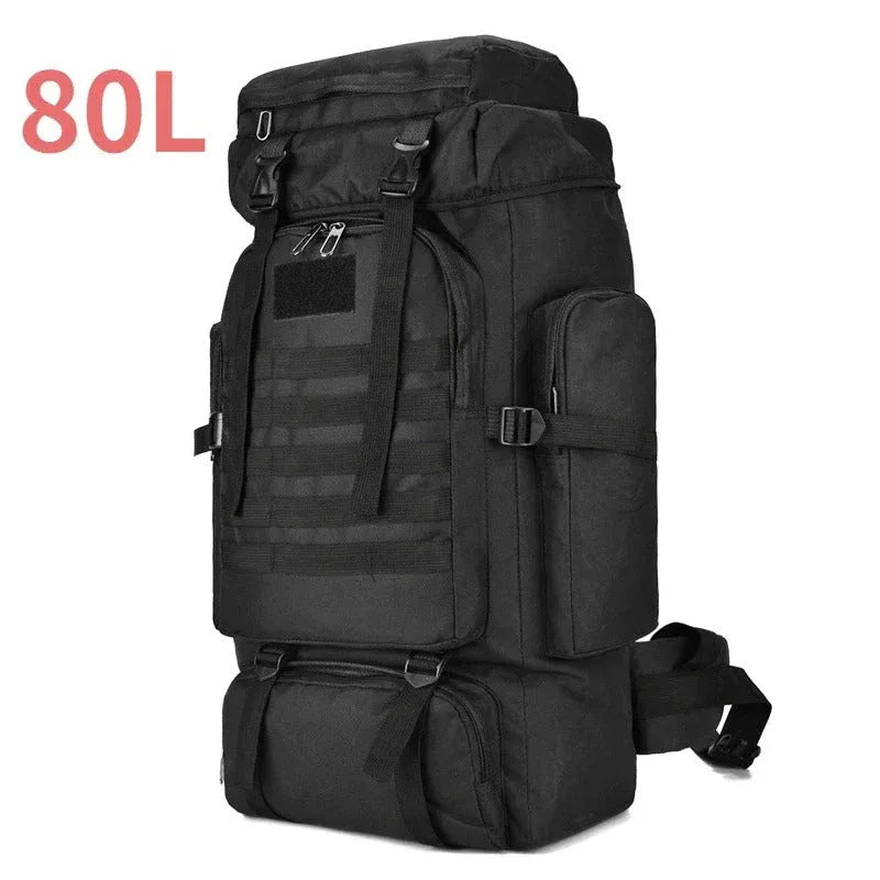 Large tactical backpack in black with 80 liters capacity for outdoor adventures