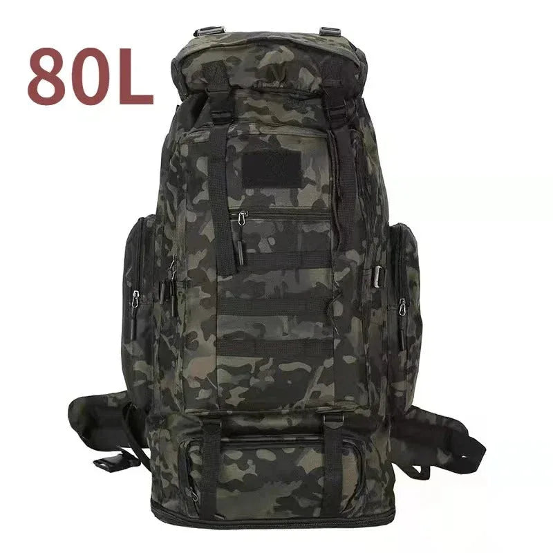 Large tactical backpack in camo design with 80L capacity for outdoor adventures