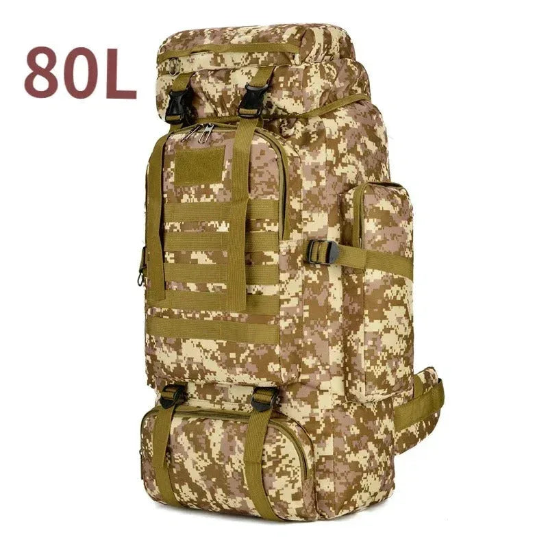 Large tactical backpack in camo pattern, ideal for outdoor adventures