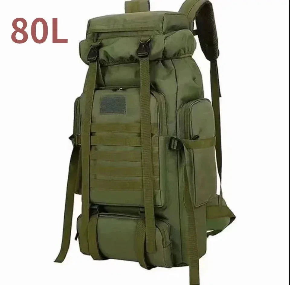 Large tactical backpack in olive green with 80L capacity for outdoor adventures