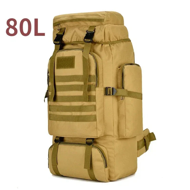 Large tactical backpack in khaki with 80L capacity for outdoor adventures
