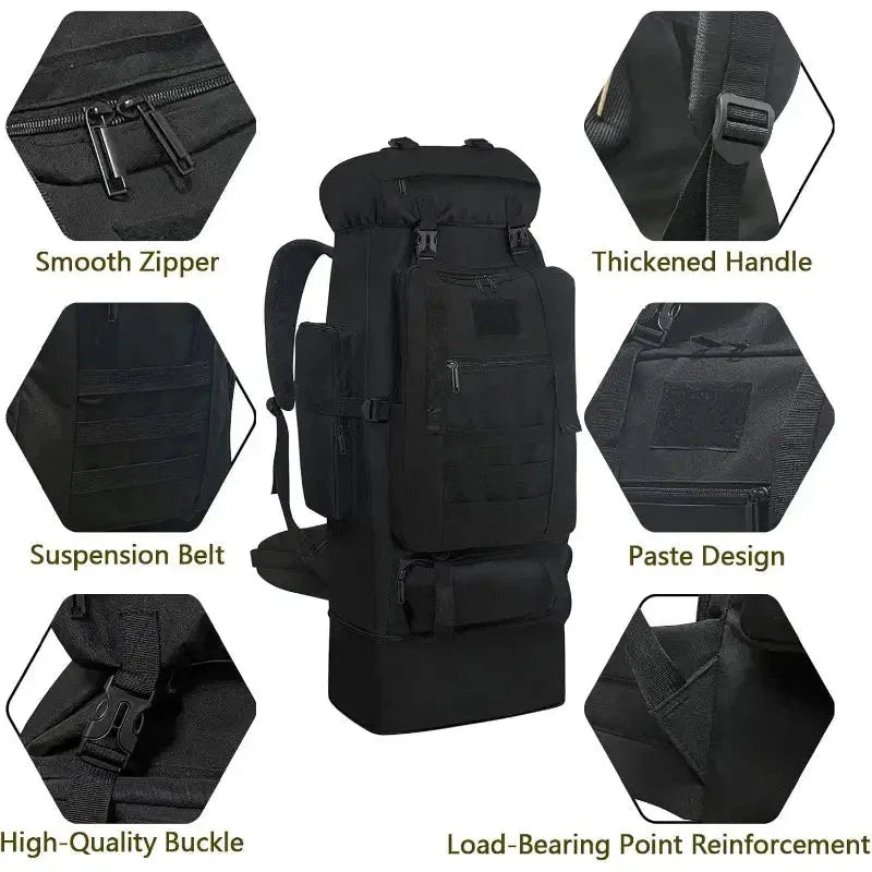 Large tactical backpack in black with smooth zippers and thickened handle