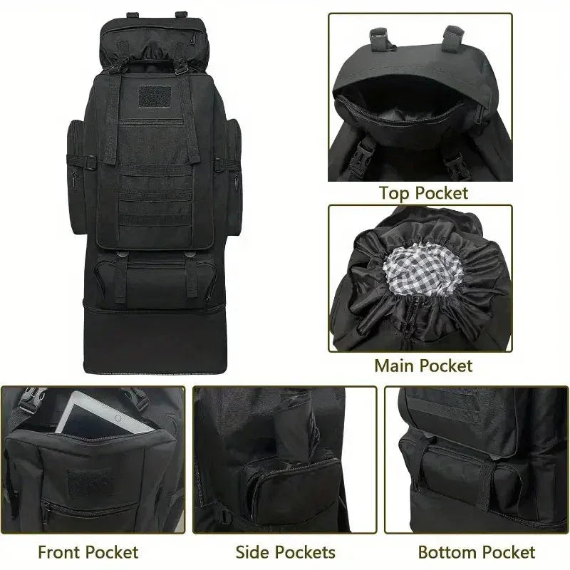 Large tactical backpack in black with multiple compartments for outdoor adventures