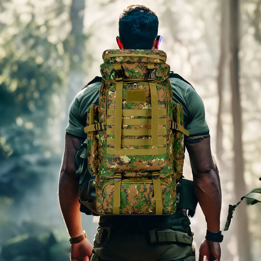 Large tactical backpack in camo, ideal for outdoor activities and camping
