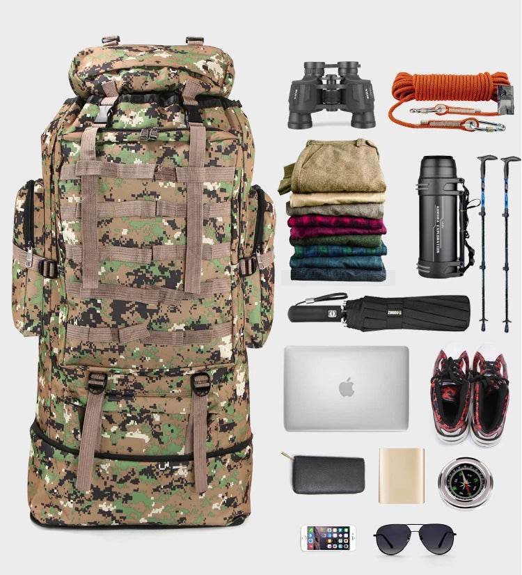 Large tactical backpack in camo with ample storage for outdoor adventures