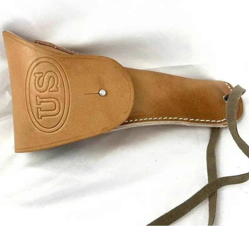 Leather holster replica in tan with US logo for firearm storage