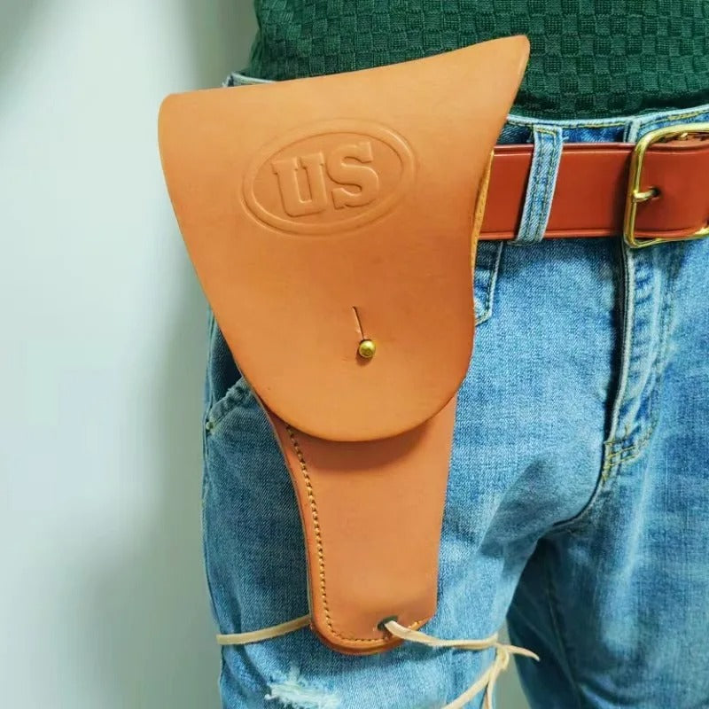 Leather holster replica in tan with US logo for military enthusiasts