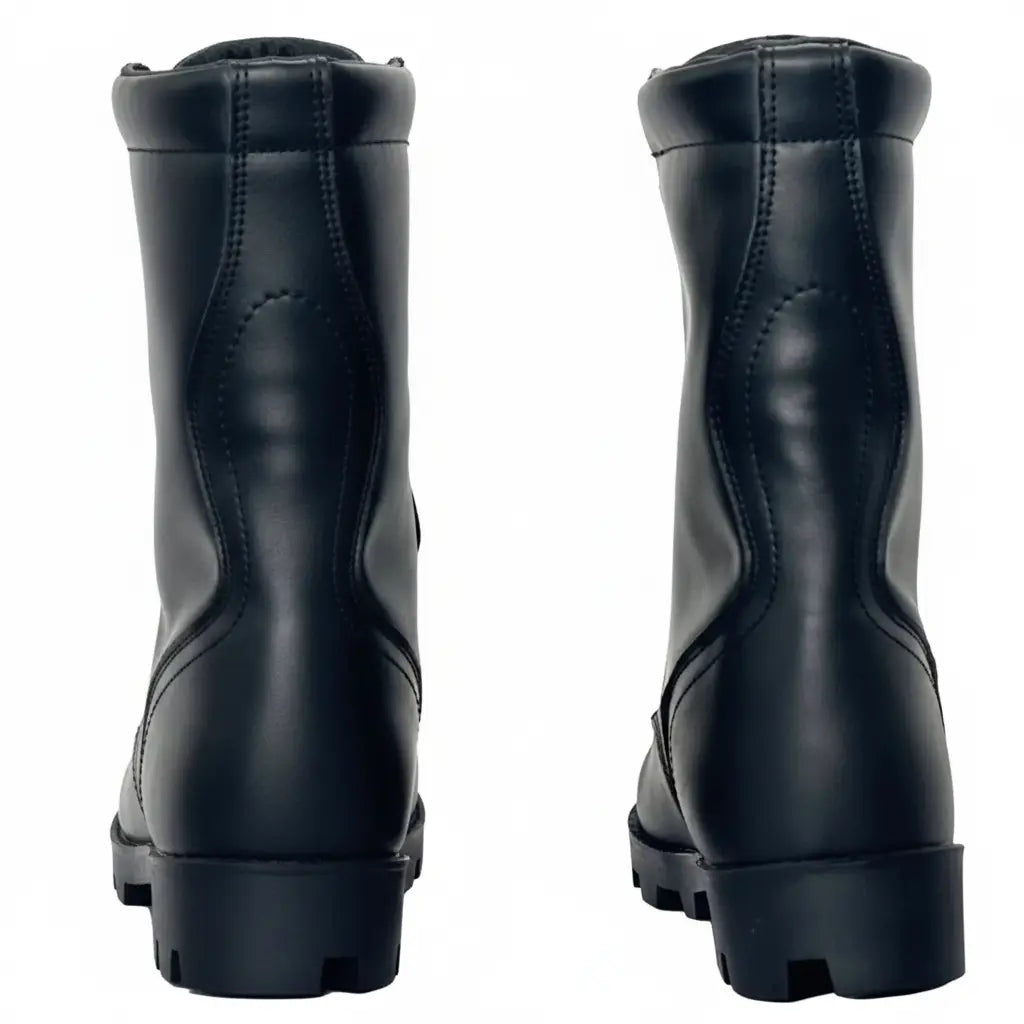 Black leather military-style boots with durable tread for tactical use