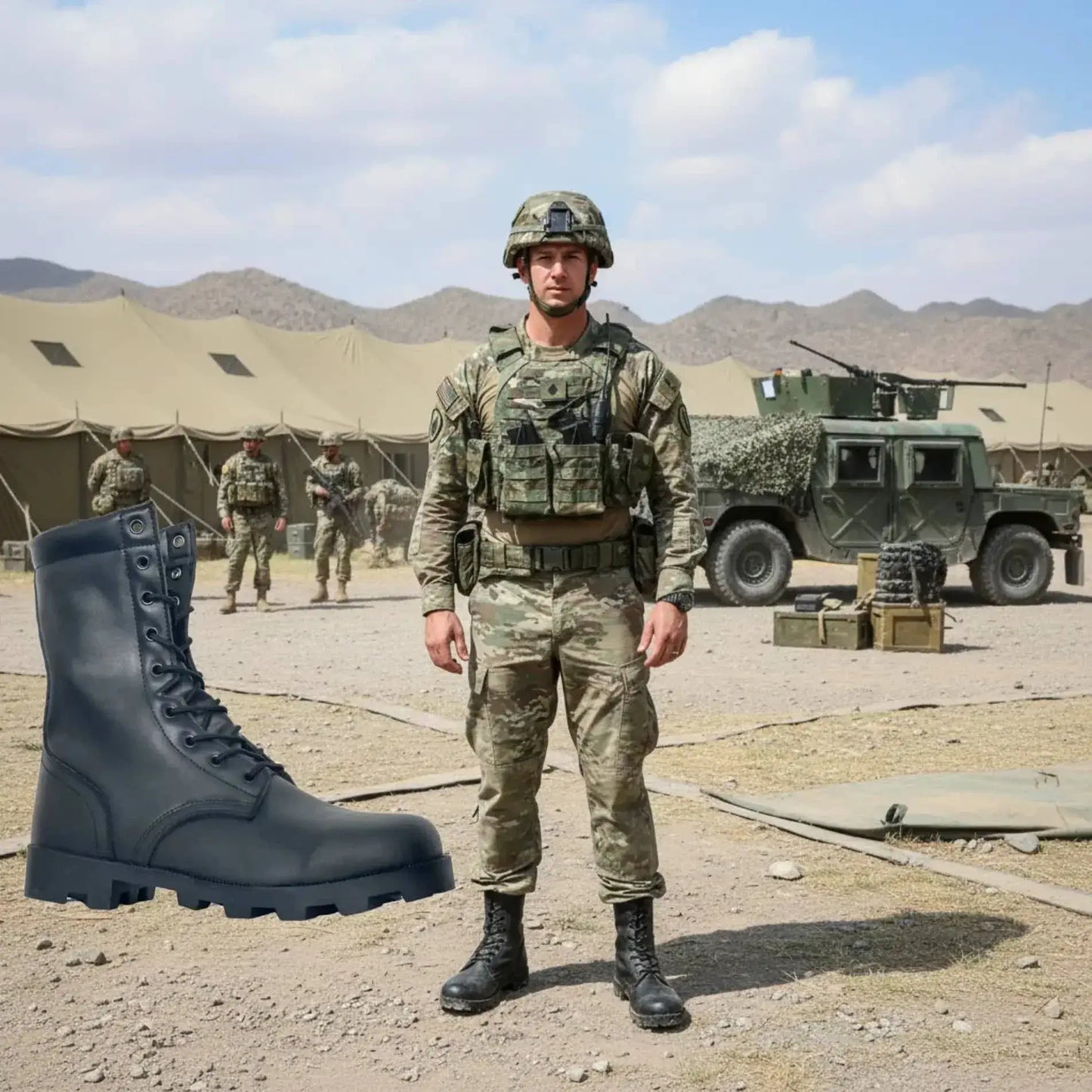 Leather military-style boots, durable design for tactical use