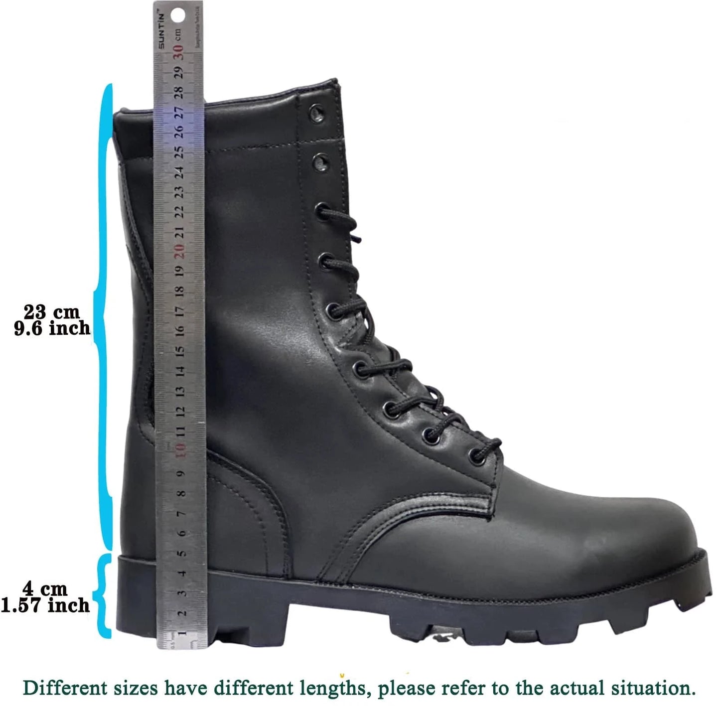 Black leather military tactical boots with a sturdy design and measured height of 23 cm