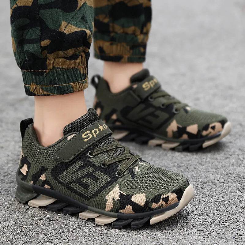 Children Boys Sneakers in Green Camo for Active Outdoor Play