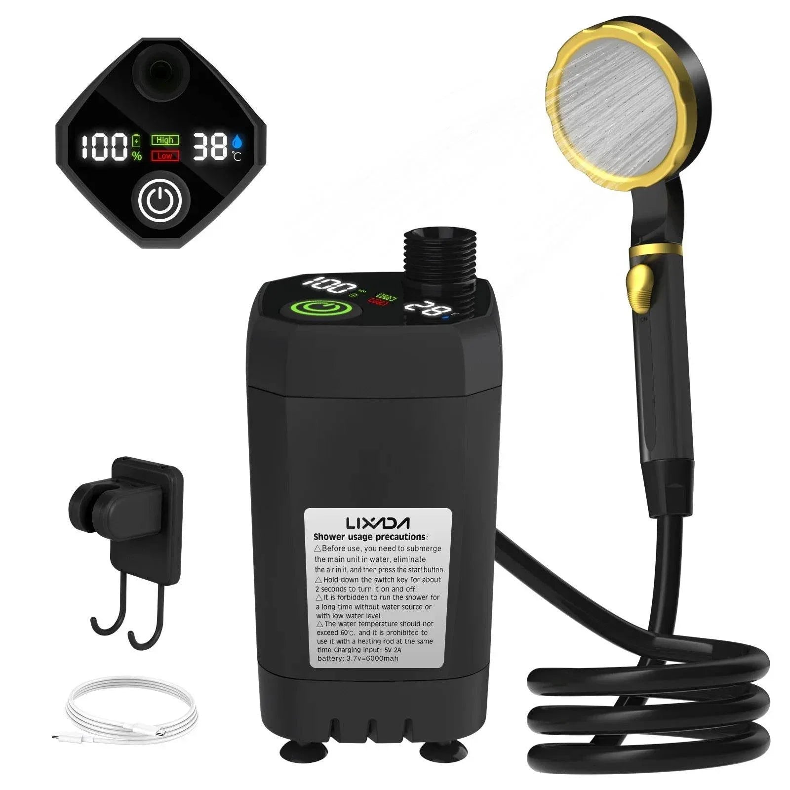 Portable outdoor shower kit with adjustable temperature display and handheld showerhead for convenient cleaning