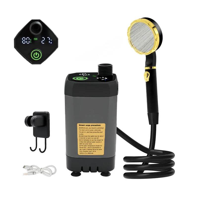 Military-Outdoors portable outdoor shower kit with digital display and handheld spray nozzle