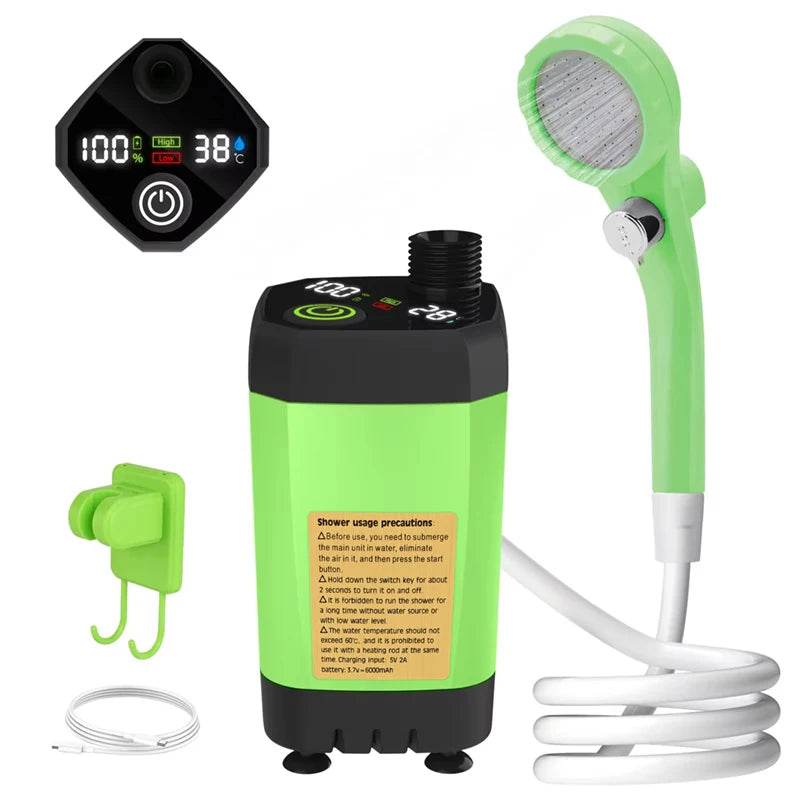 Portable outdoor shower kit with pump, temperature display, and flexible showerhead for camping and outdoor use