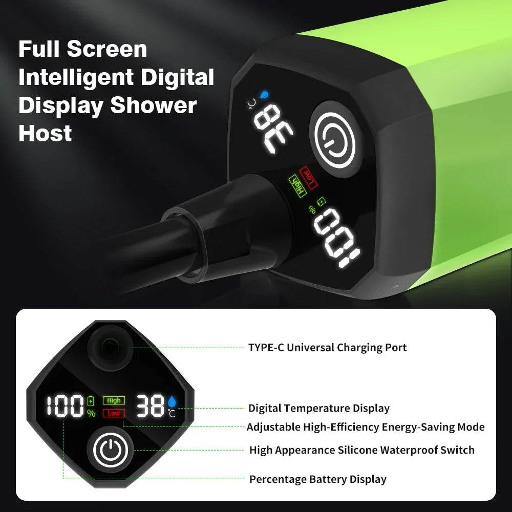 Portable outdoor shower kit with full screen digital display and adjustable temperature settings for convenience