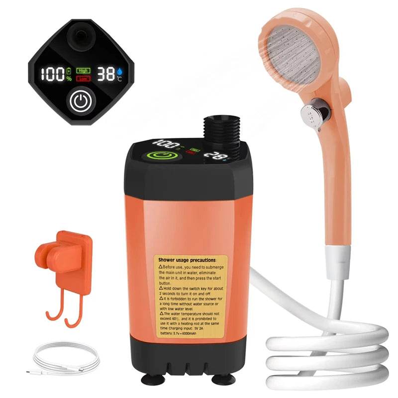 Portable outdoor shower kit with adjustable heating and handheld showerhead for outdoor use