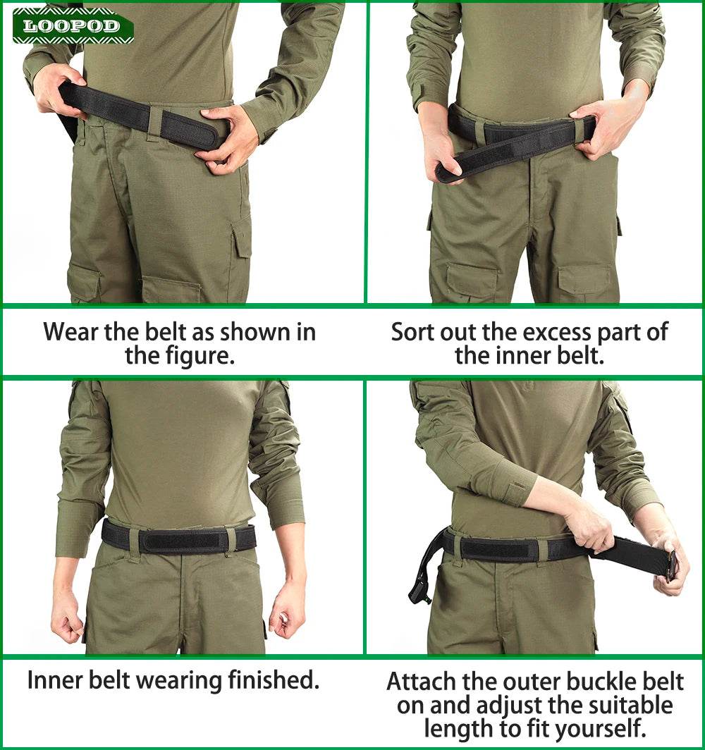 Military double-layer belt in use, demonstrating adjustable and secure fit