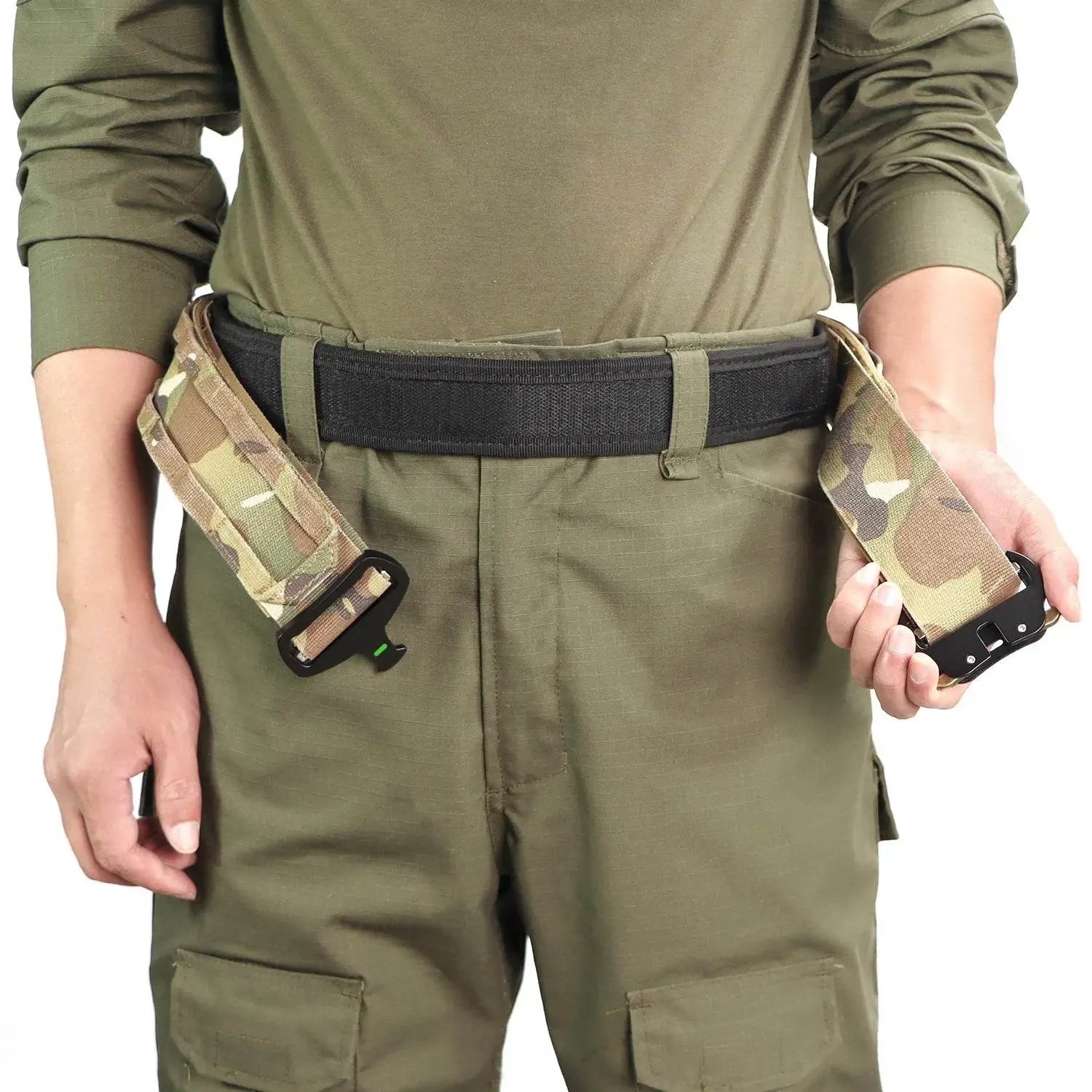 Military double-layer belt in camouflage for tactical use and gear support