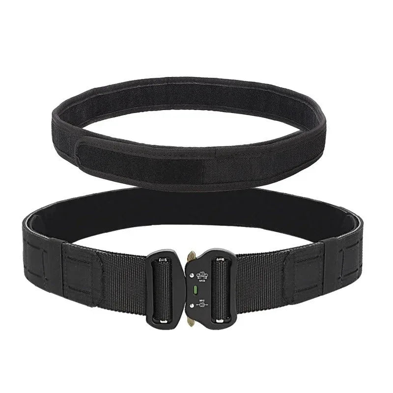 Military double-layer belt in black for tactical use and equipment support