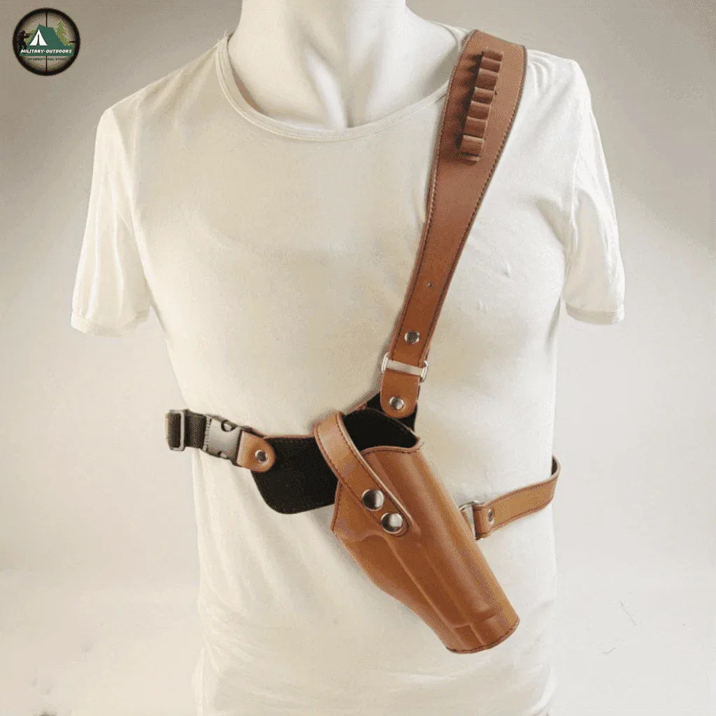 M1911 shoulder holster in tan leather, adjustable design for comfort and secure firearm access
