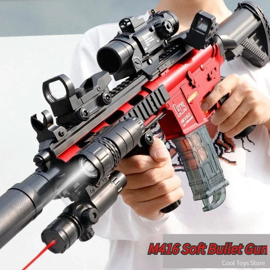 M416 automatic soft bullet gun with tactical accessories and red accents for outdoor play