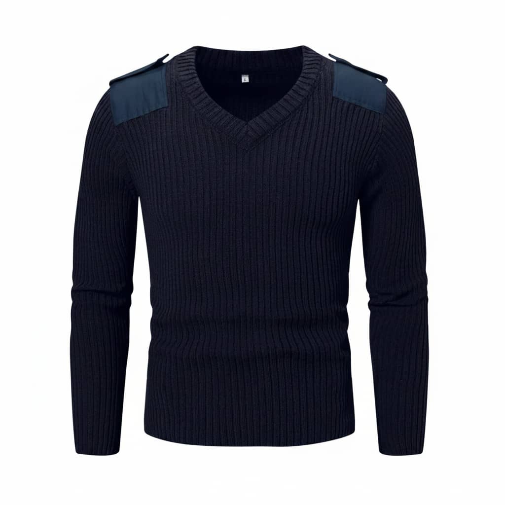 Navy blue sweater with shoulder pads on a white background