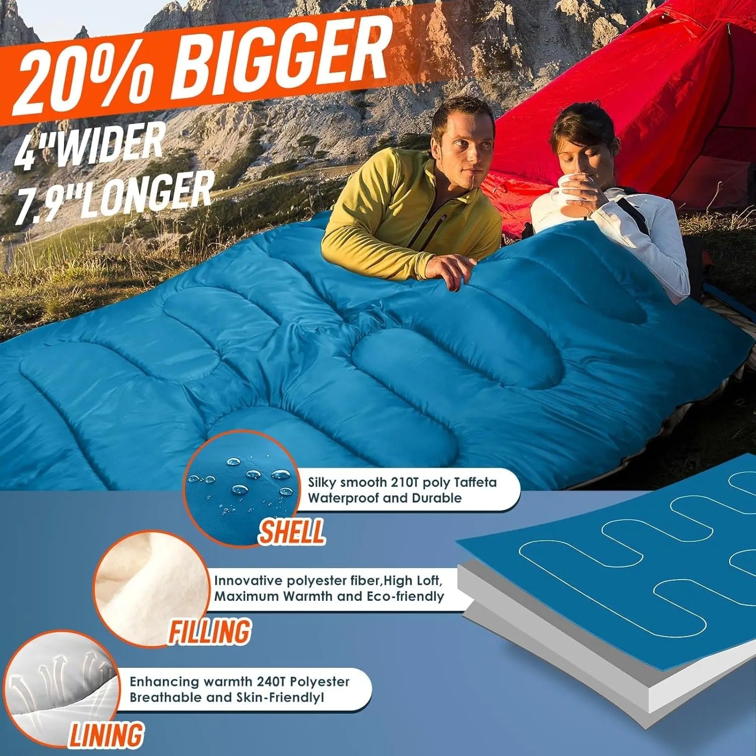 Blue Two Person Warm Sleeping Bag With Pillows Military-Outdoors.com