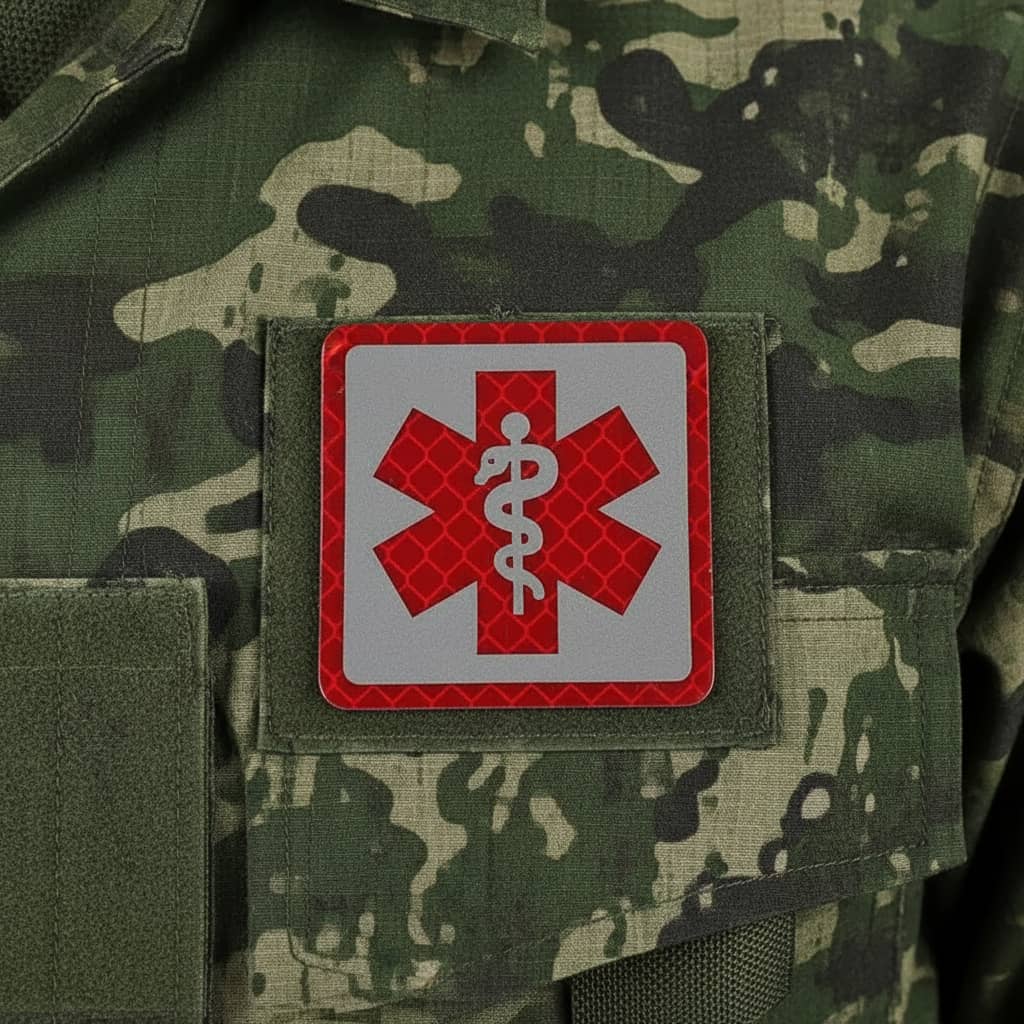 A hand holds a square reflective patch featuring a red Star of Life with a silver caduceus symbol on a light gray background. 