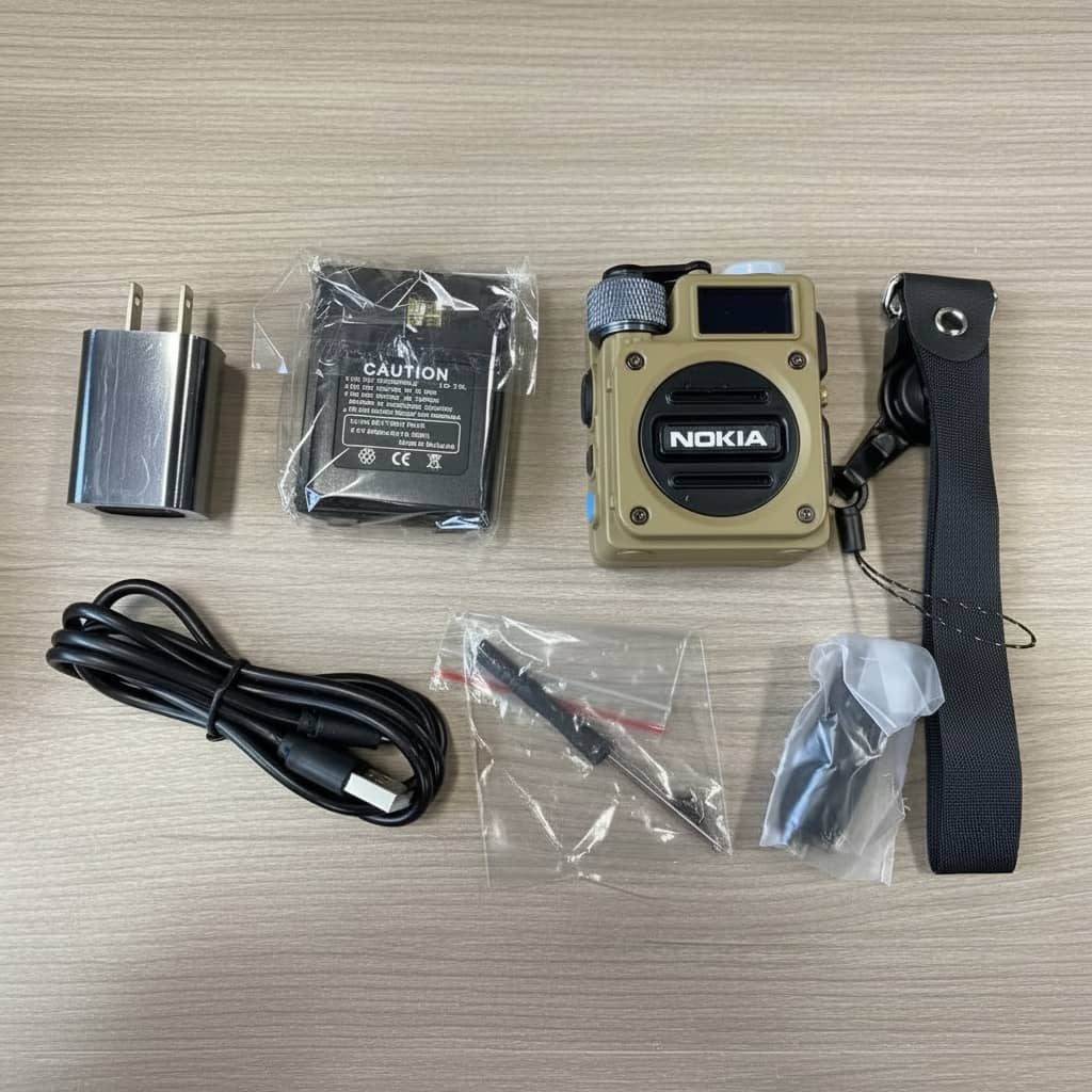 Nokia device with accessories including charger, strap, and cables on a wooden surface
